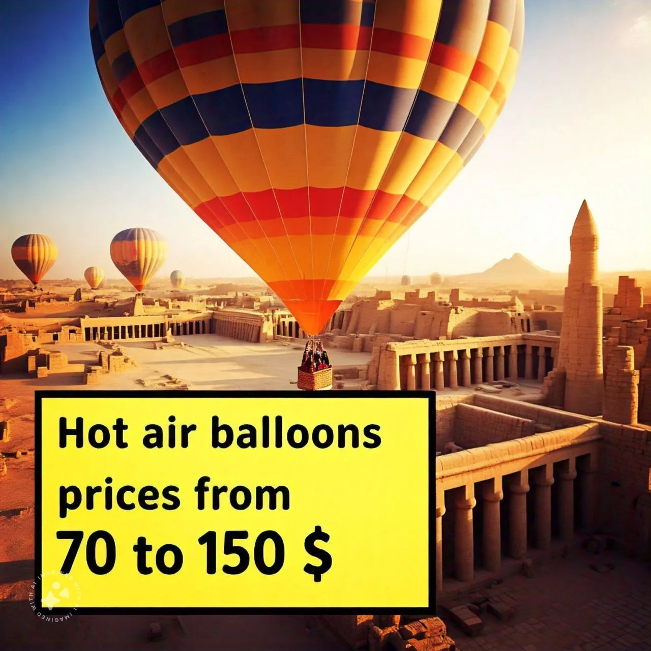 hot air balloons prices sign written on it 70$ to 150$