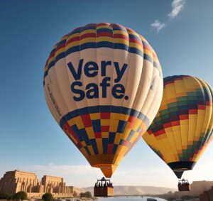 hot air balloon in Luxor written on it "Very Safe"